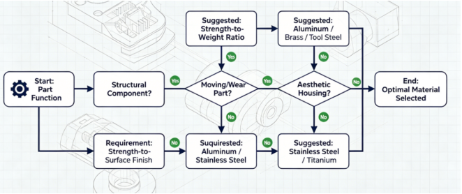 A decision flowchart for selecting CNC machining materials based on part function: structural, moving, aesthetic, or corrosion-resistant. Material guide from LS Manufacturing.