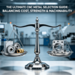 A precision scale balancing different CNC machined metal parts (Aluminum, Steel, Stainless Steel, Brass) on a workshop table, symbolizing material selection trade-offs. Professional guide by LS Manufacturing.