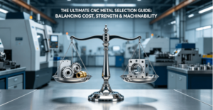 A precision scale balancing different CNC machined metal parts (Aluminum, Steel, Stainless Steel, Brass) on a workshop table, symbolizing material selection trade-offs. Professional guide by LS Manufacturing.