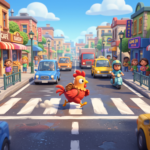 A digital art of a chicken crossing a road in a city area.