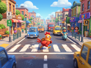 A digital art of a chicken crossing a road in a city area.