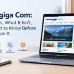 Newsgiga Com overview showing its content, ownership, credibility, and key information on a laptop screen.