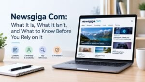 Newsgiga Com overview showing its content, ownership, credibility, and key information on a laptop screen.