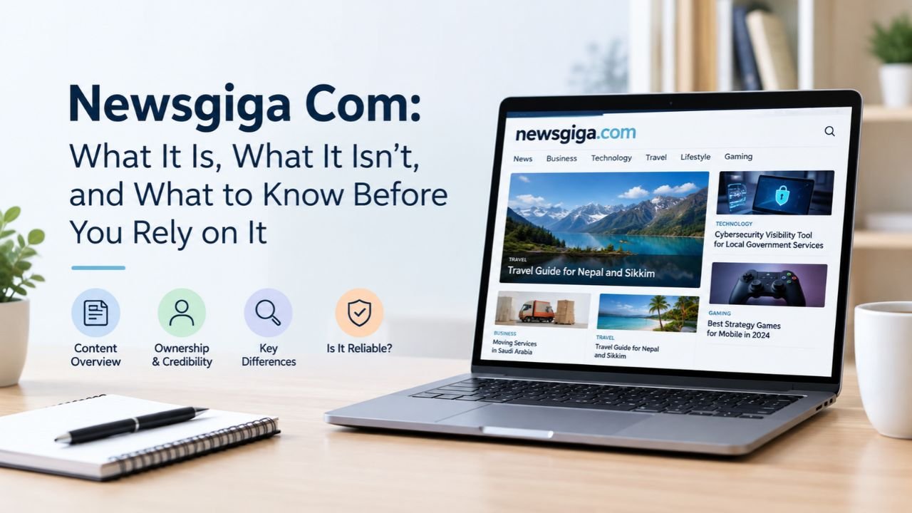 Newsgiga Com overview showing its content, ownership, credibility, and key information on a laptop screen.