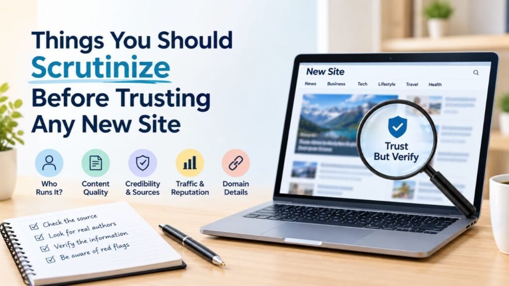 Things to scrutinize before trusting any new site, including ownership, content quality, credibility, sources, reputation, and domain details.